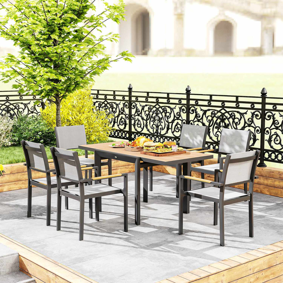 Garden table extendable aluminum 80/160x80 cm weatherproof balcony table non-slip buffet table camping table for 6 people patio table outdoor dining table for garden, terrace balcony natural wood