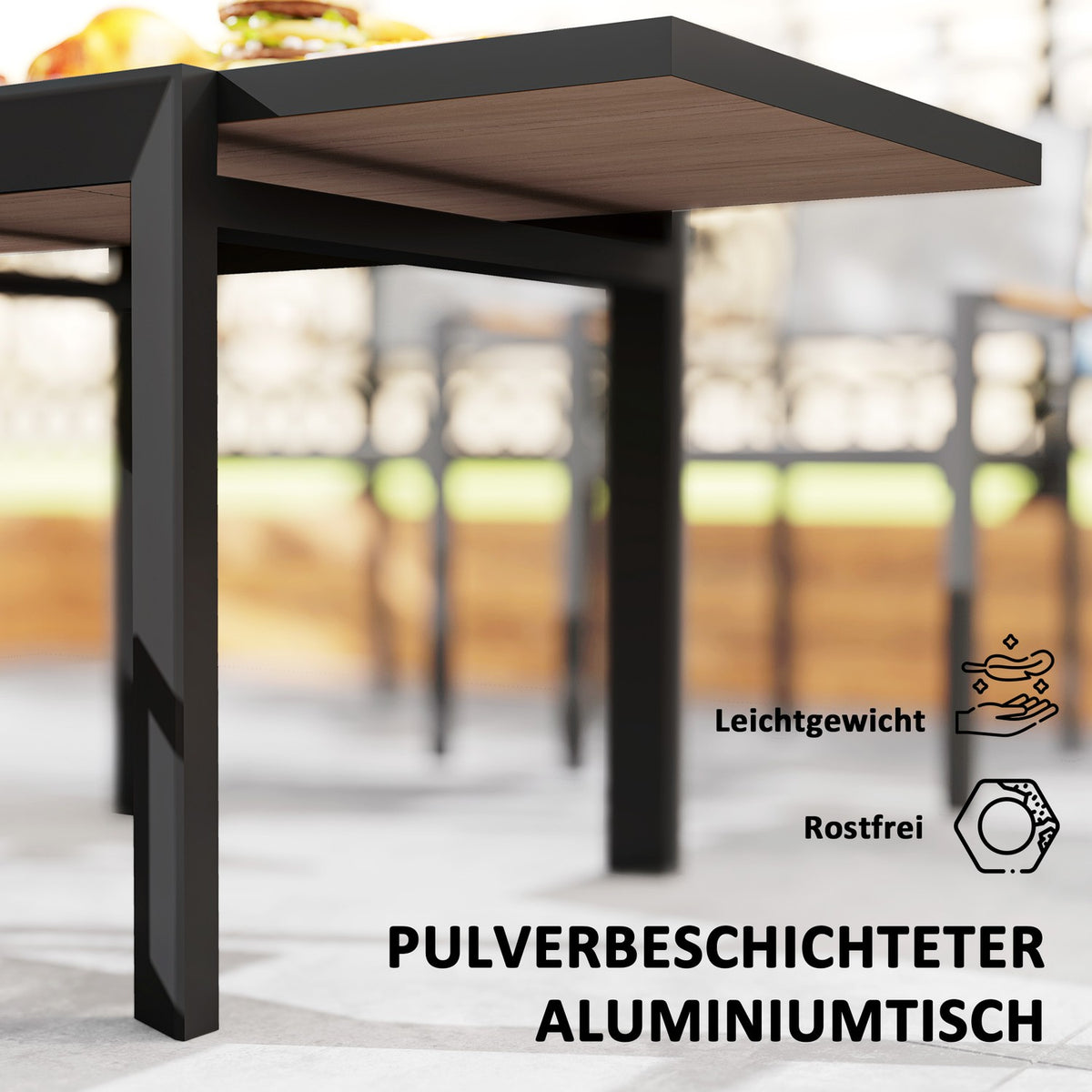 Garden table extendable aluminum 80/160x80 cm weatherproof balcony table non-slip buffet table camping table for 6 people patio table outdoor dining table for garden, terrace balcony natural wood