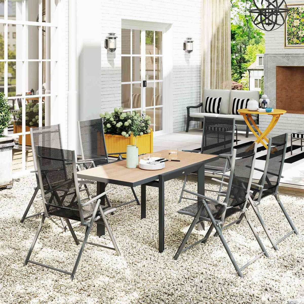 Garden table extendable aluminum 80/160x80 cm weatherproof balcony table non-slip buffet table camping table for 6 people patio table outdoor dining table for garden, terrace balcony natural wood