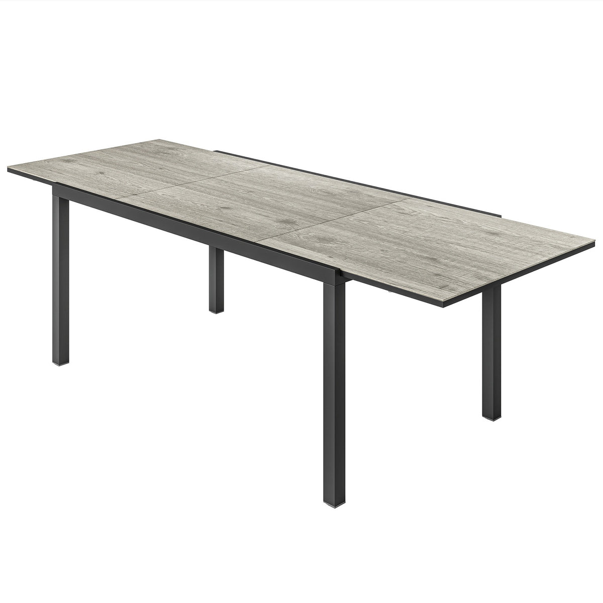 Garden table extendable dining table for 6-8 people, 160/240 x 90cm aluminum balcony table with wood look, weatherproof patio table, outdoor buffet table for garden, terrace, balcony, gray
