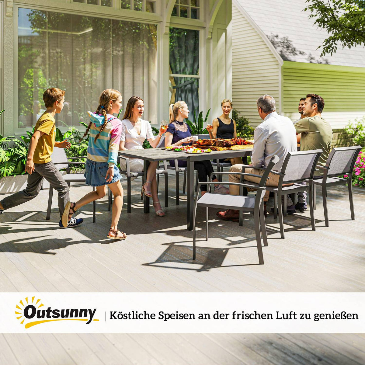 Garden table extendable dining table for 6-8 people, 160/240 x 90cm aluminum balcony table with wood look, weatherproof patio table, outdoor buffet table for garden, terrace, balcony, gray