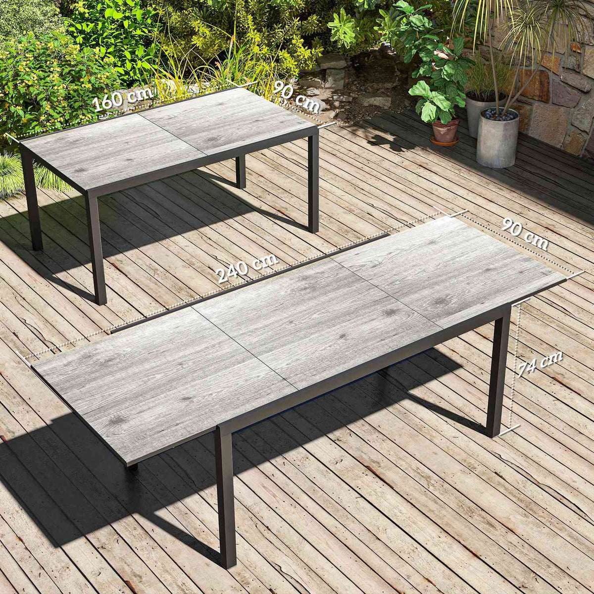 Garden table extendable dining table for 6-8 people, 160/240 x 90cm aluminum balcony table with wood look, weatherproof patio table, outdoor buffet table for garden, terrace, balcony, gray