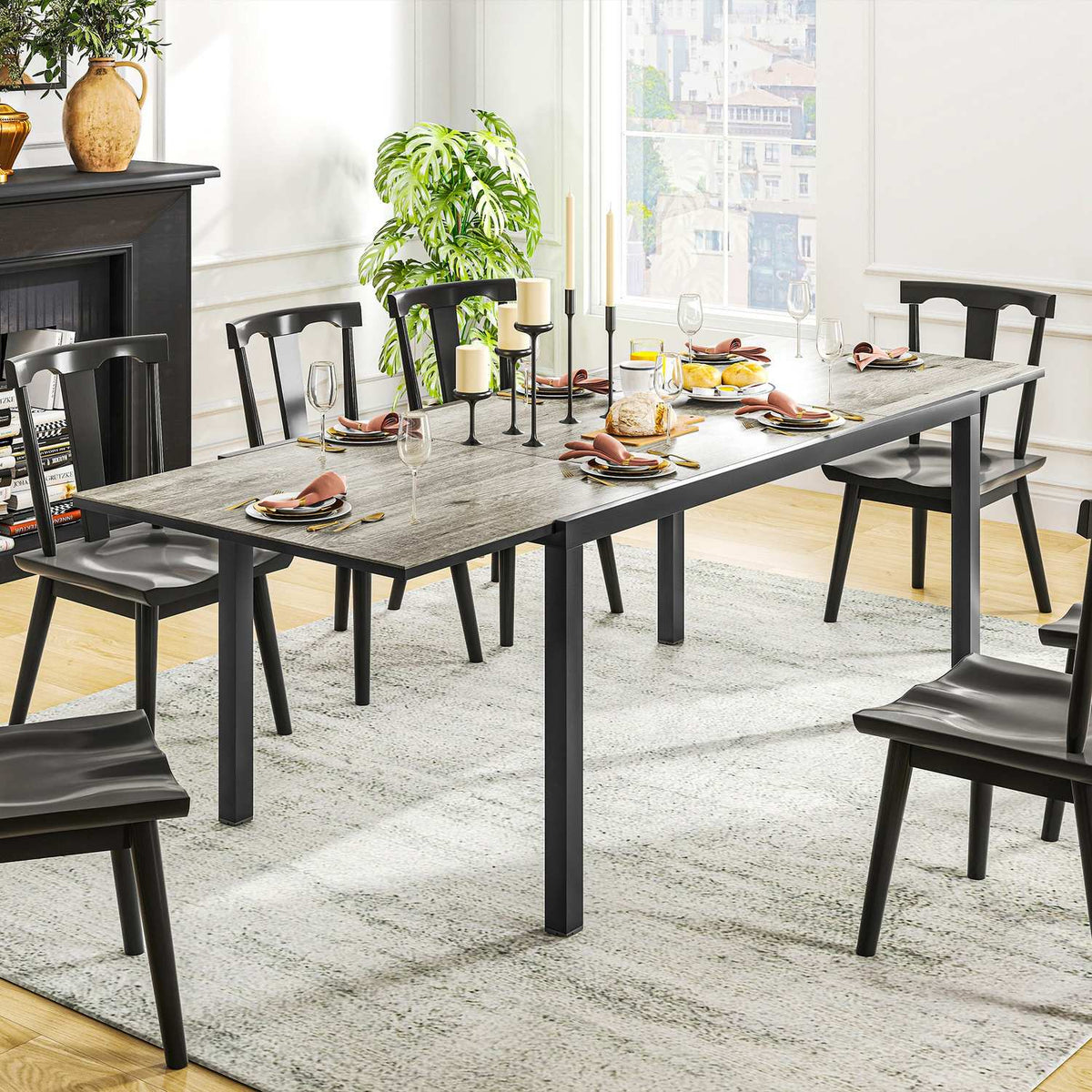 Garden table extendable dining table for 6-8 people, 160/240 x 90cm aluminum balcony table with wood look, weatherproof patio table, outdoor buffet table for garden, terrace, balcony, gray