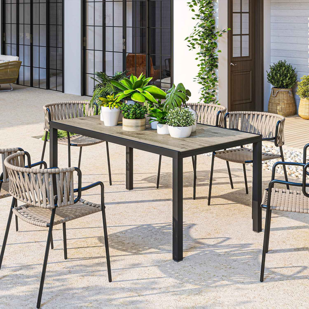 Garden table extendable dining table for 6-8 people, 160/240 x 90cm aluminum balcony table with wood look, weatherproof patio table, outdoor buffet table for garden, terrace, balcony, gray