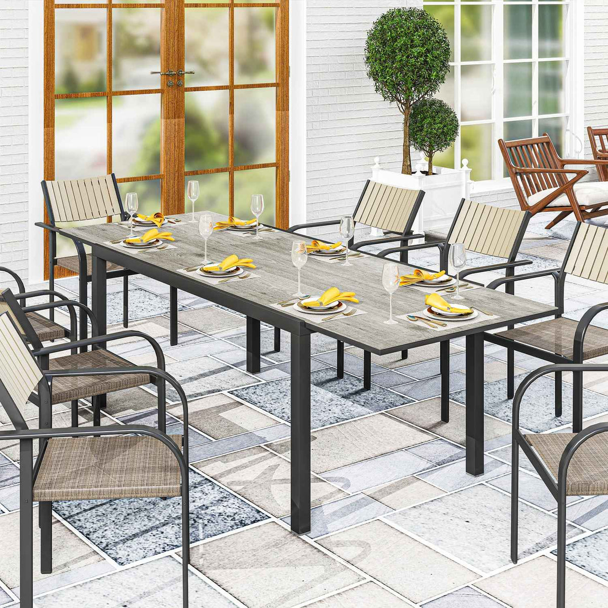 Garden table extendable dining table for 6-8 people, 160/240 x 90cm aluminum balcony table with wood look, weatherproof patio table, outdoor buffet table for garden, terrace, balcony, gray