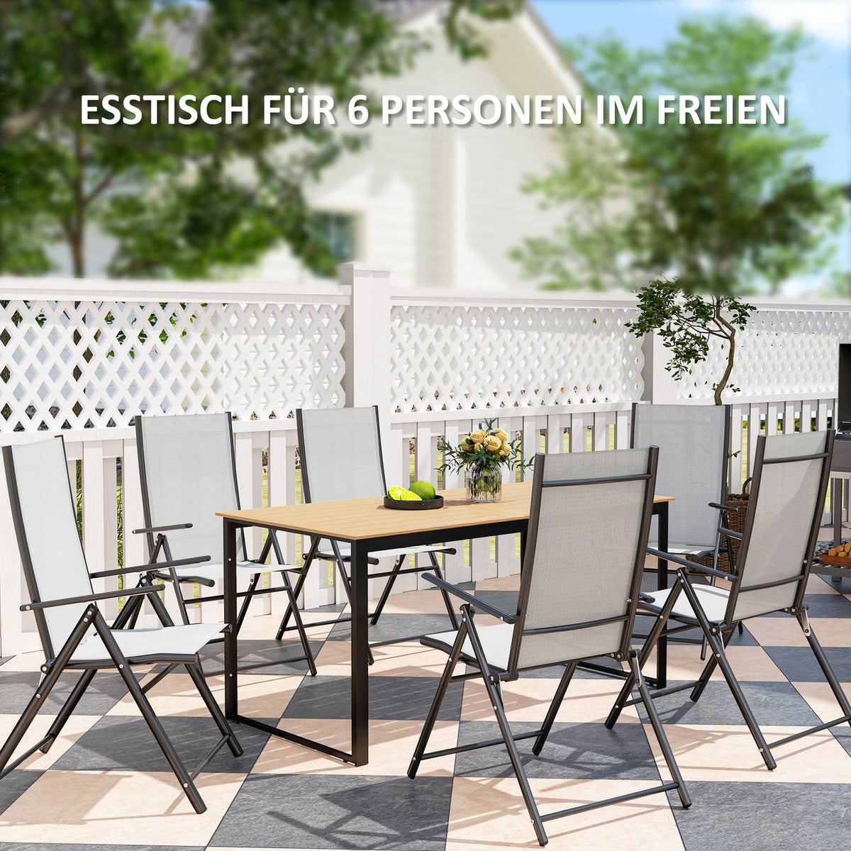 Garden table for 6 people 160 x 80 cm weatherproof balcony table with wood look slat design, buffet table metal camping table patio table outdoor dining table for garden, terrace balcony teak