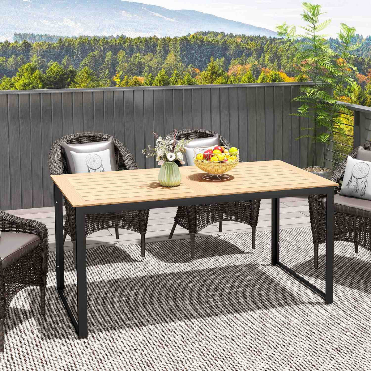 Garden table for 6 people 160 x 80 cm weatherproof balcony table with wood look slat design, buffet table metal camping table patio table outdoor dining table for garden, terrace balcony teak