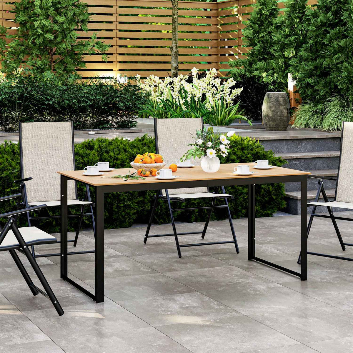 Garden table for 6 people 160 x 80 cm weatherproof balcony table with wood look slat design, buffet table metal camping table patio table outdoor dining table for garden, terrace balcony teak