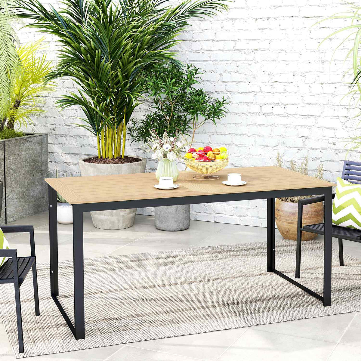 Garden table for 6 people 160 x 80 cm weatherproof balcony table with wood look slat design, buffet table metal camping table patio table outdoor dining table for garden, terrace balcony teak
