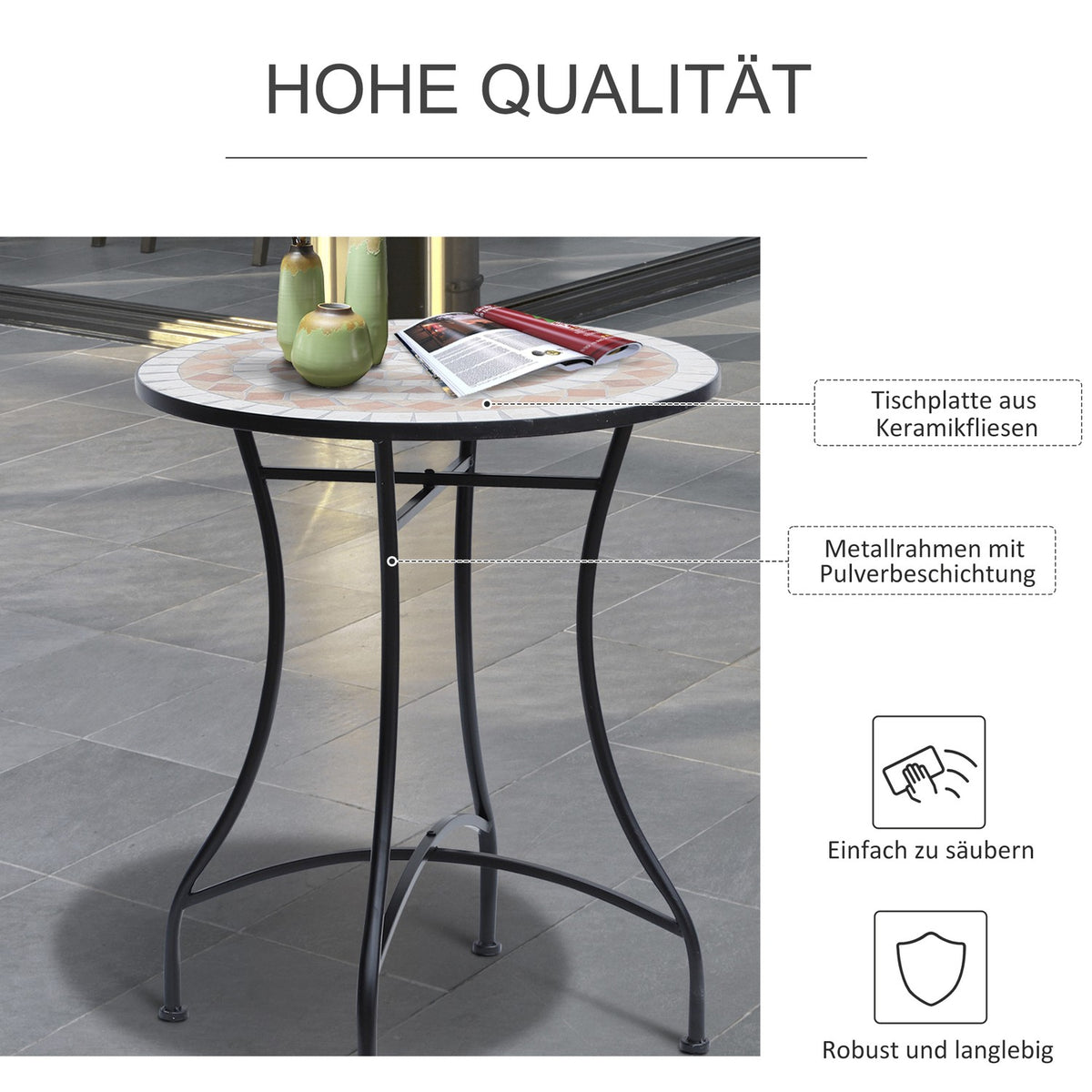 Garden table mosaic table balcony table side table serving table round steel + ceramic orange + white Ø60 x H71 cm
