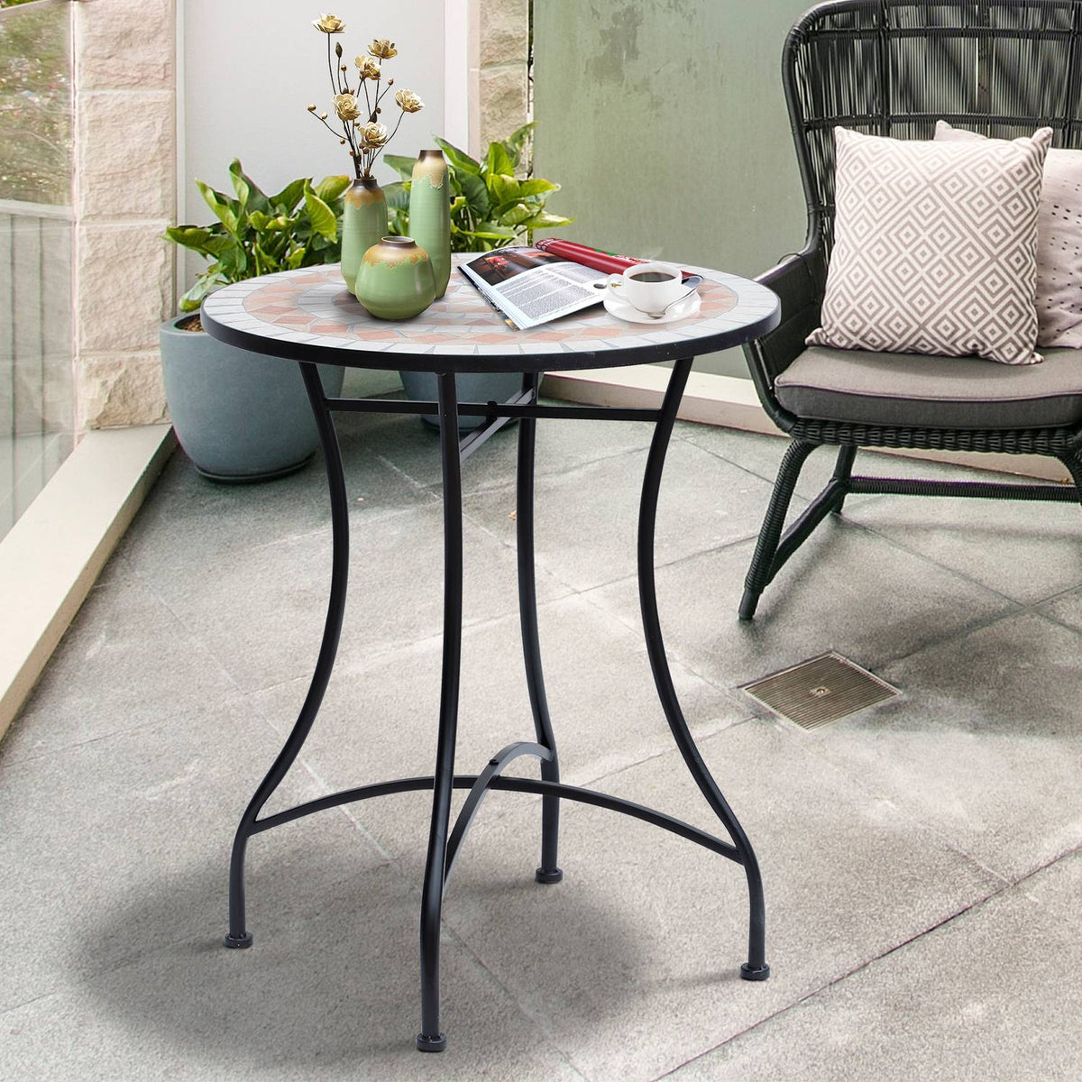 Garden table mosaic table balcony table side table serving table round steel + ceramic orange + white Ø60 x H71 cm