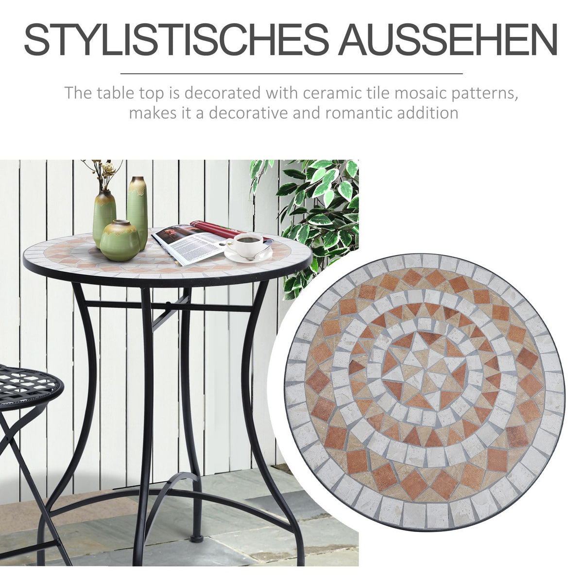 Garden table mosaic table balcony table side table serving table round steel + ceramic orange + white Ø60 x H71 cm