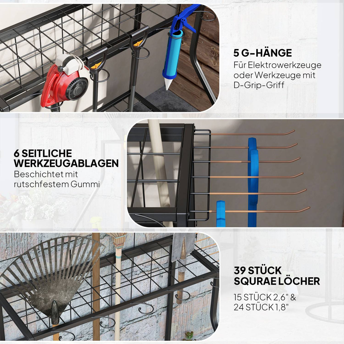 Garden tool organizer 3-tier garden tools stand with hooks garden tool stand up to 20 tools tool holder multi-purpose broom holder for garage, shed, outdoor 84x53x73cm orange