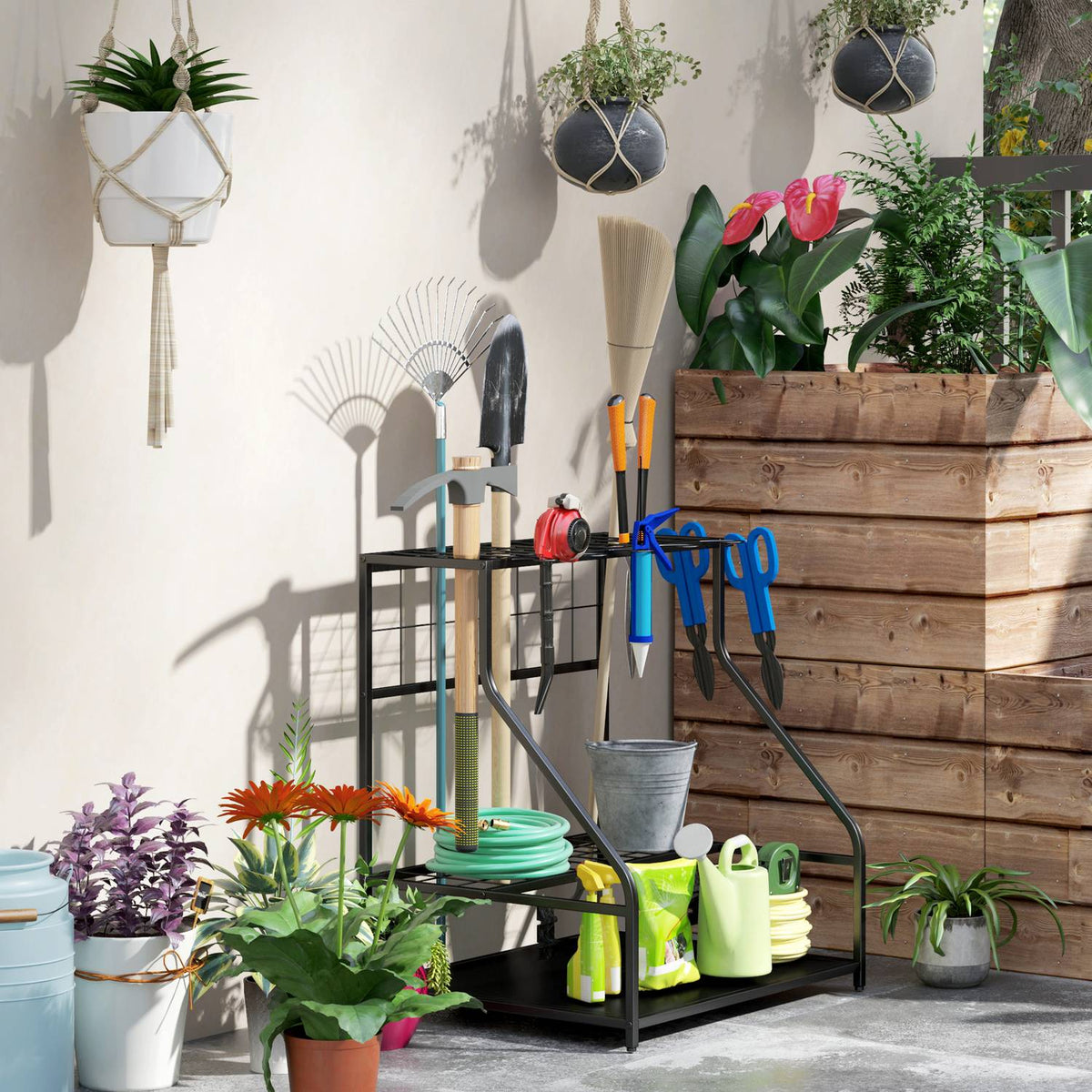 Garden tool organizer 3-tier garden tools stand with hooks garden tool stand up to 20 tools tool holder multi-purpose broom holder for garage, shed, outdoor 84x53x73cm orange