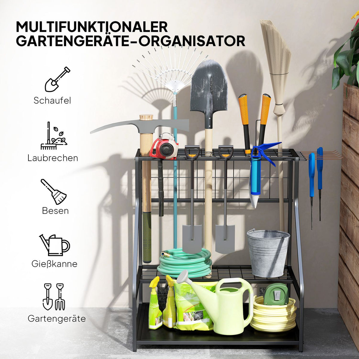 Garden tool organizer 3-tier garden tools stand with hooks garden tool stand up to 20 tools tool holder multi-purpose broom holder for garage, shed, outdoor 84x53x73cm orange