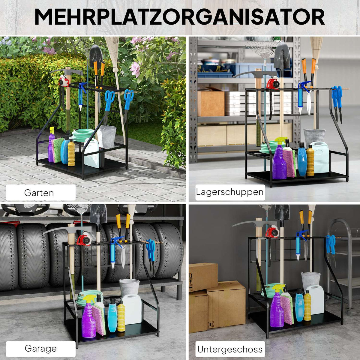 Garden tool organizer 3-tier garden tools stand with hooks garden tool stand up to 20 tools tool holder multi-purpose broom holder for garage, shed, outdoor 84x53x73cm orange
