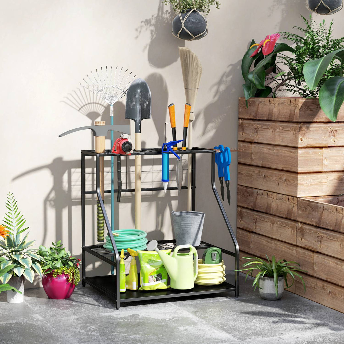 Garden tool organizer 3-tier garden tools stand with hooks garden tool stand up to 20 tools tool holder multi-purpose broom holder for garage, shed, outdoor 84x53x73cm orange