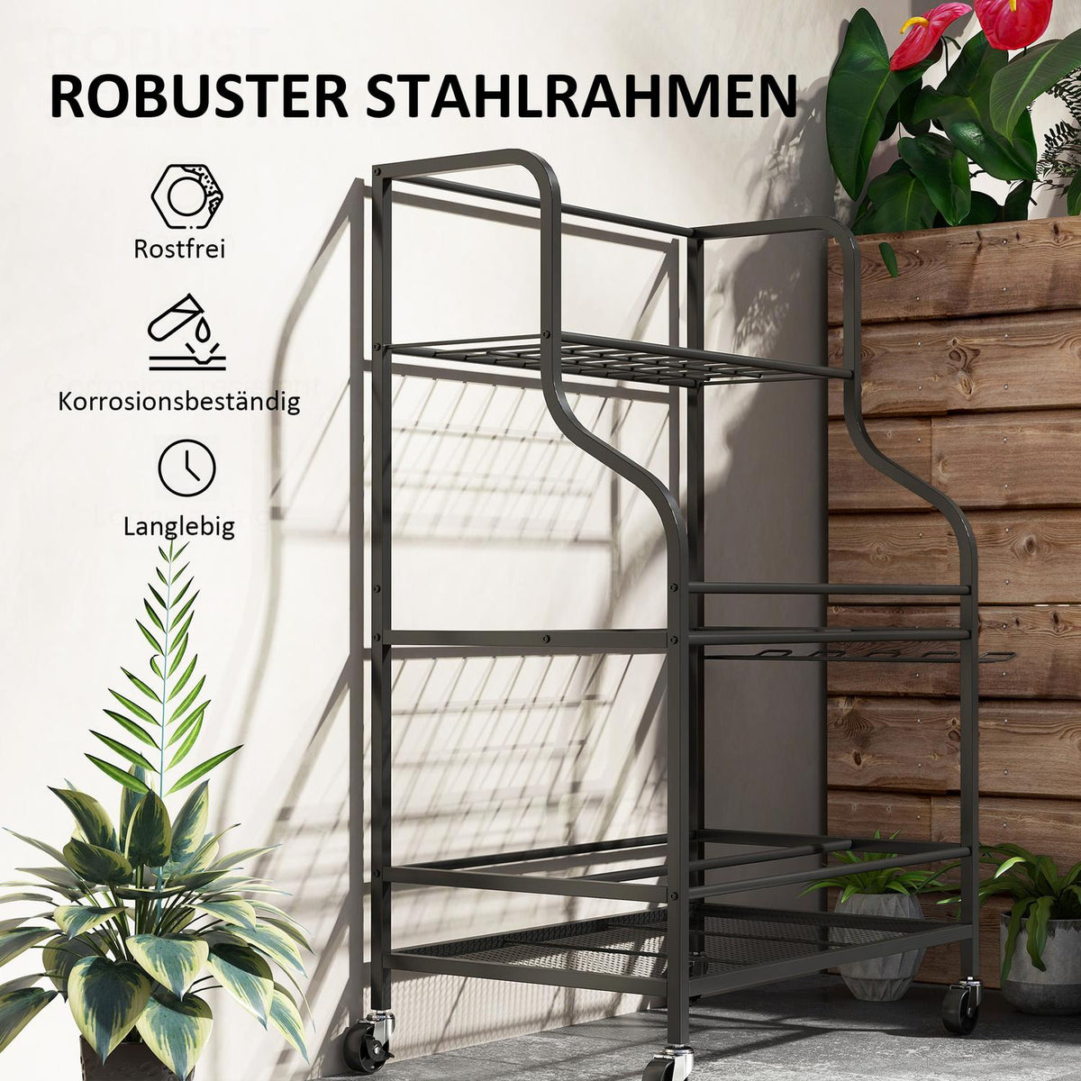 Garden tool organizer 3-tier garden tool stand with hooks garden tool stand up to 40 kg load device holder multi-purpose broom holder for garage, shed, 77x40x97cm black