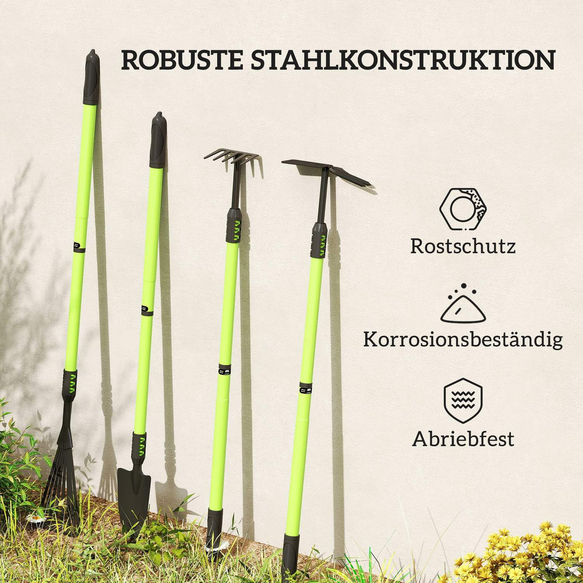 Garden tool set 4 pieces garden tool set with shovel garden hoe garden rake leaf rake green