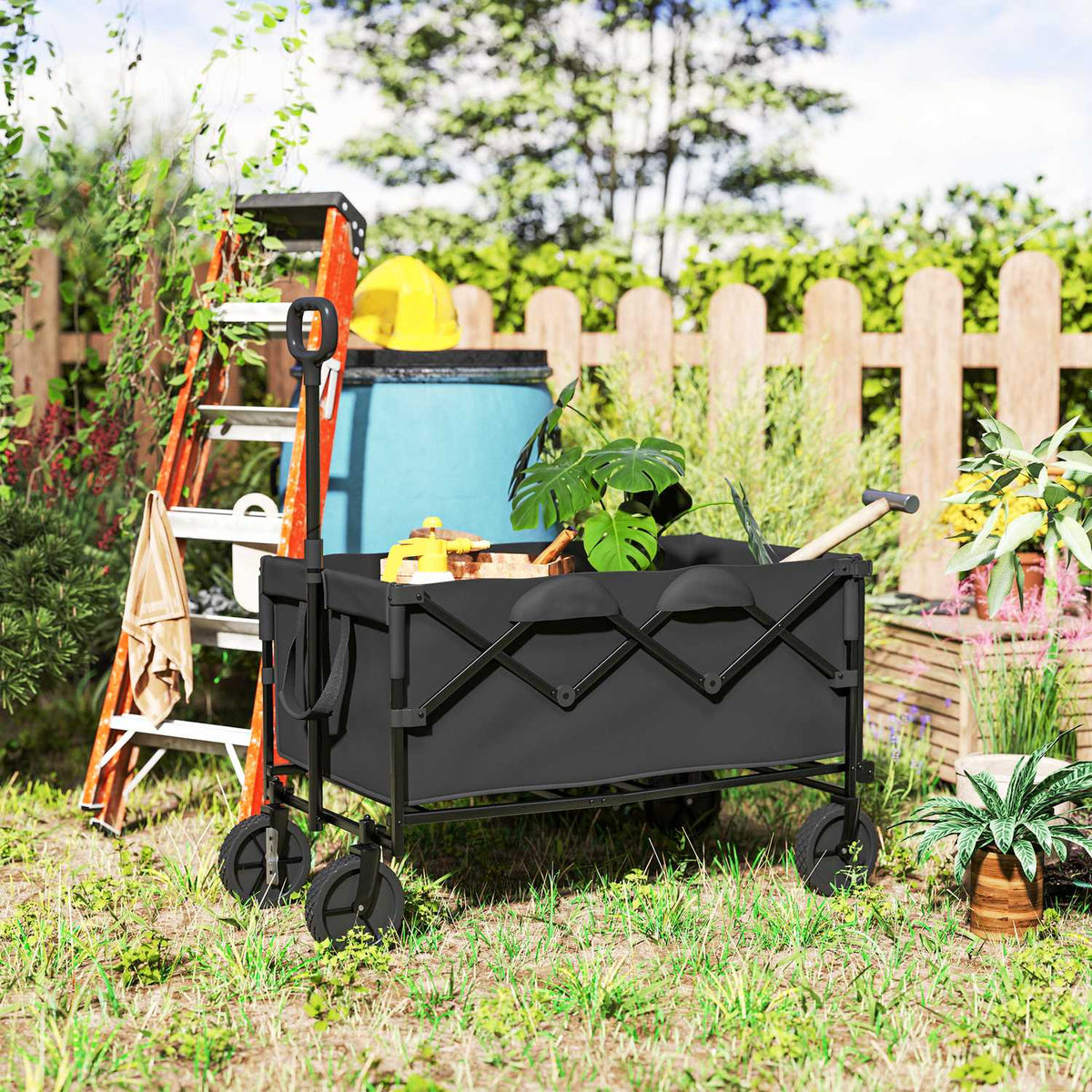 Garden trolley, 100 kg load capacity, foldable, extended transport trolley with removable tarpaulin, handle wheels, handcart, hand trolley, garden trolley, 160 liters, equipment trolley for home, garden, black