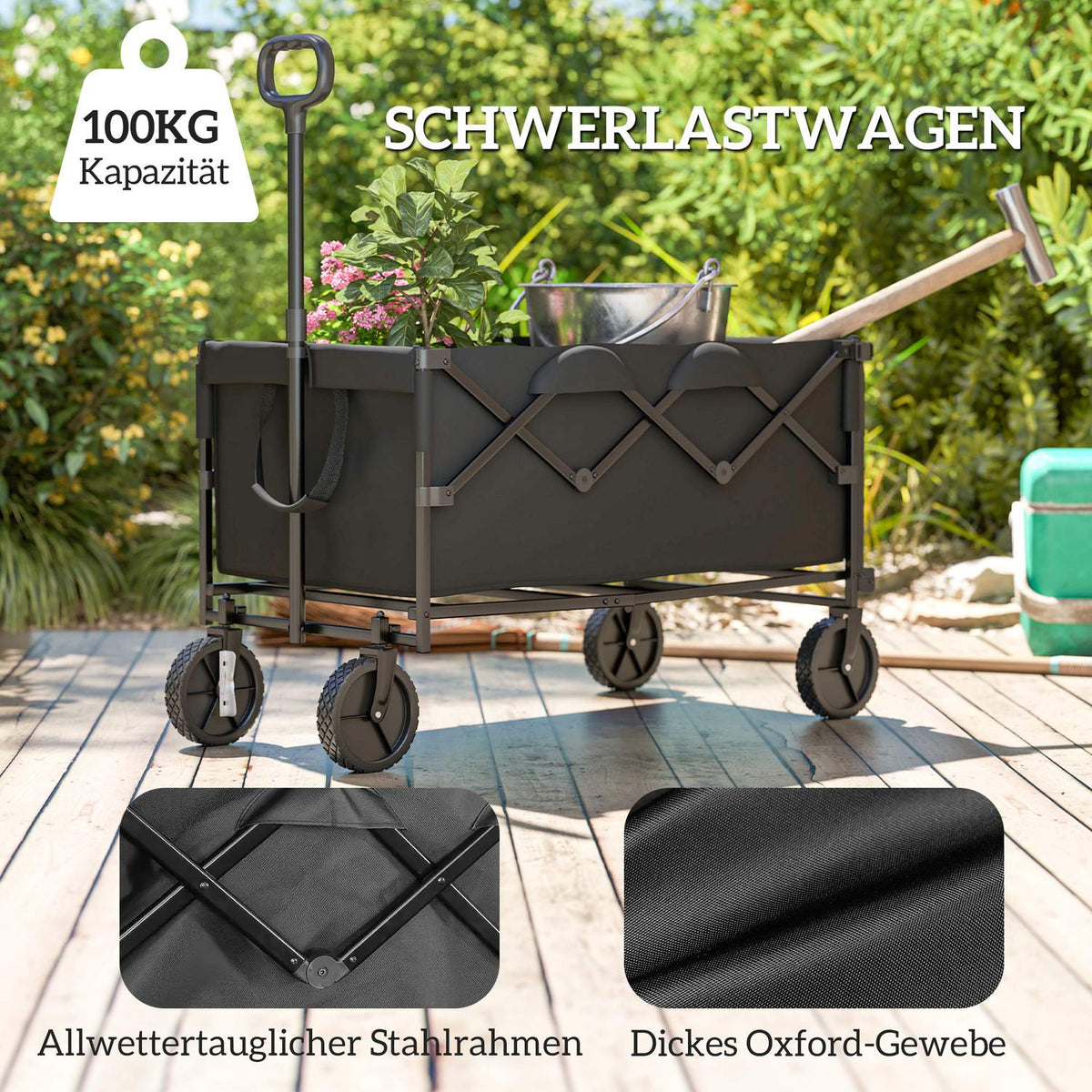 Garden trolley, 100 kg load capacity, foldable, extended transport trolley with removable tarpaulin, handle wheels, handcart, hand trolley, garden trolley, 160 liters, equipment trolley for home, garden, black