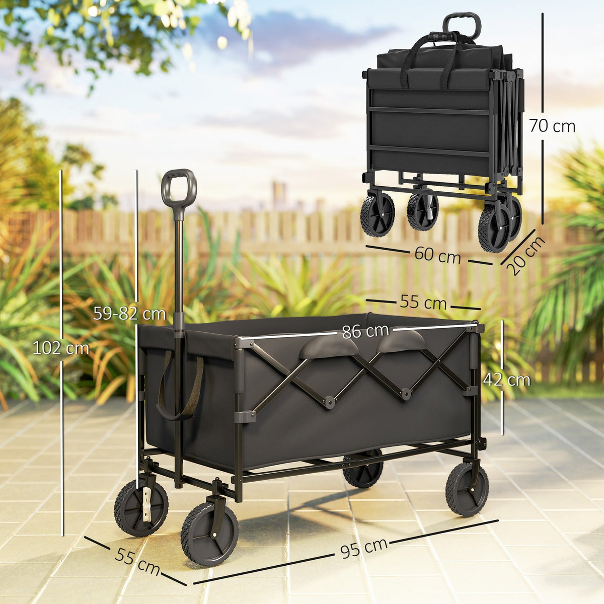 Garden trolley, 100 kg load capacity, foldable, extended transport trolley with removable tarpaulin, handle wheels, handcart, hand trolley, garden trolley, 160 liters, equipment trolley for home, garden, black