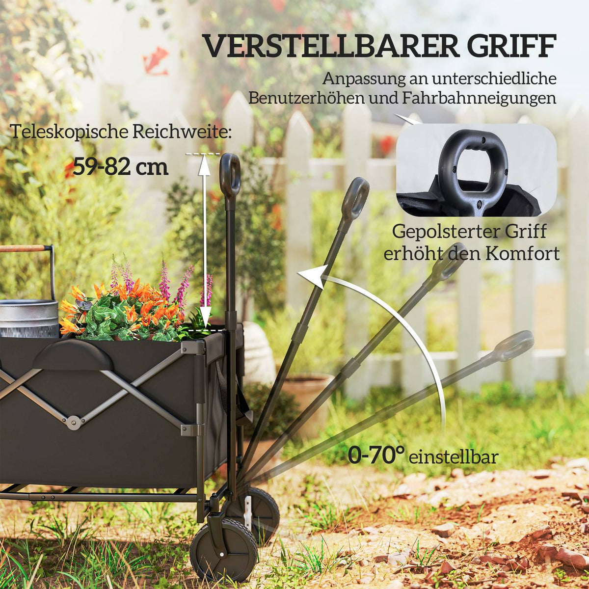 Garden trolley, 100 kg load capacity, foldable, extended transport trolley with removable tarpaulin, handle wheels, handcart, hand trolley, garden trolley, 160 liters, equipment trolley for home, garden, black