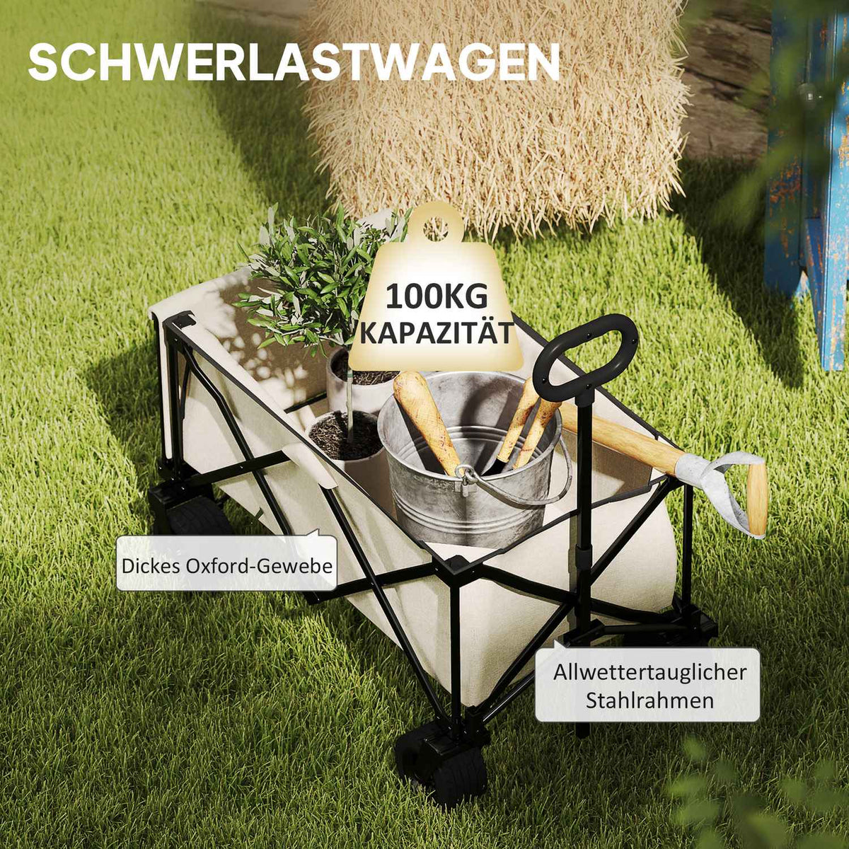 Garden trolley 100 kg load capacity, foldable transport trolley with removable tarpaulin, handle, wheels, handcart handcart garden trolley 138 liters, equipment trolley for home, garden beige