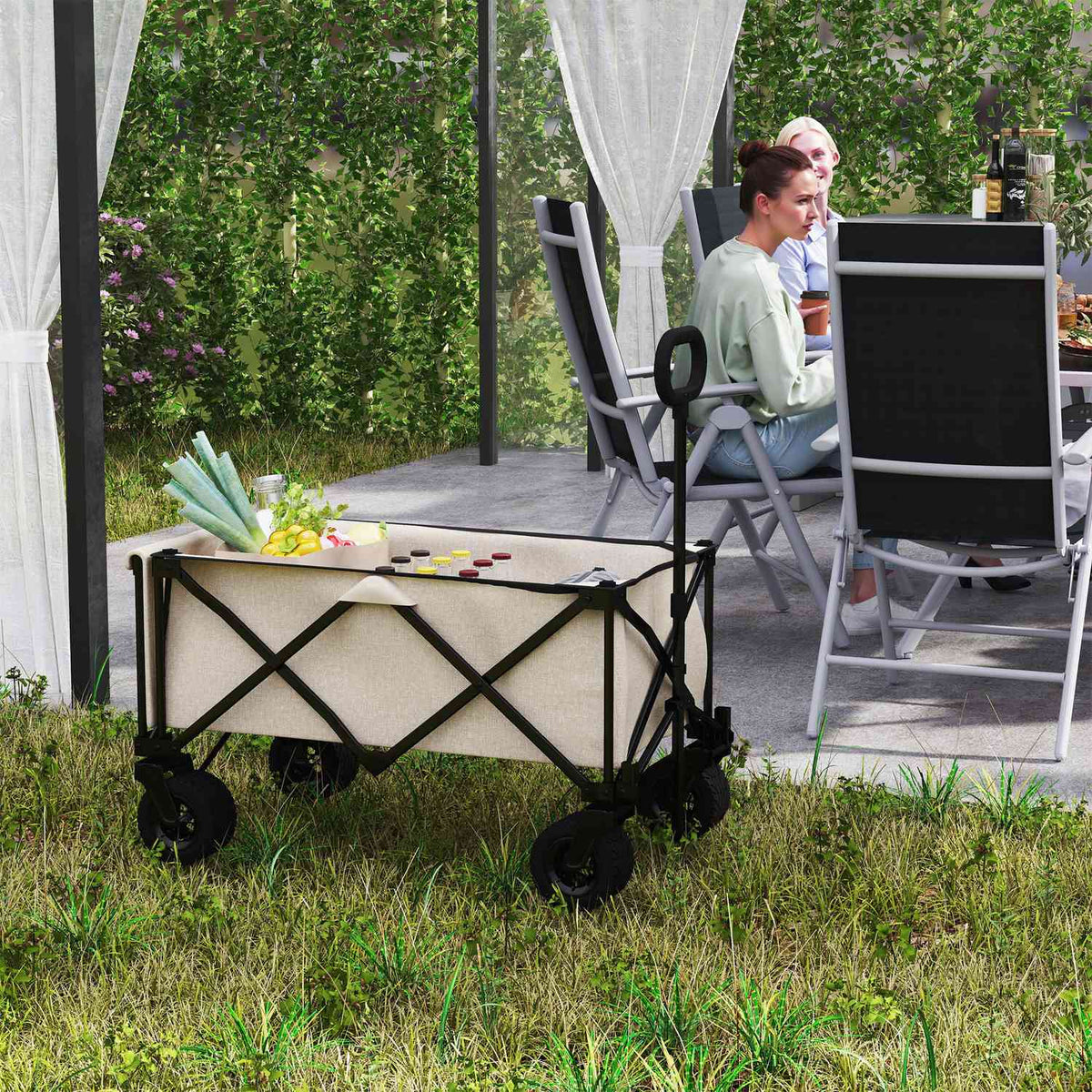 Garden trolley 100 kg load capacity, foldable transport trolley with removable tarpaulin, handle, wheels, handcart handcart garden trolley 138 liters, equipment trolley for home, garden beige