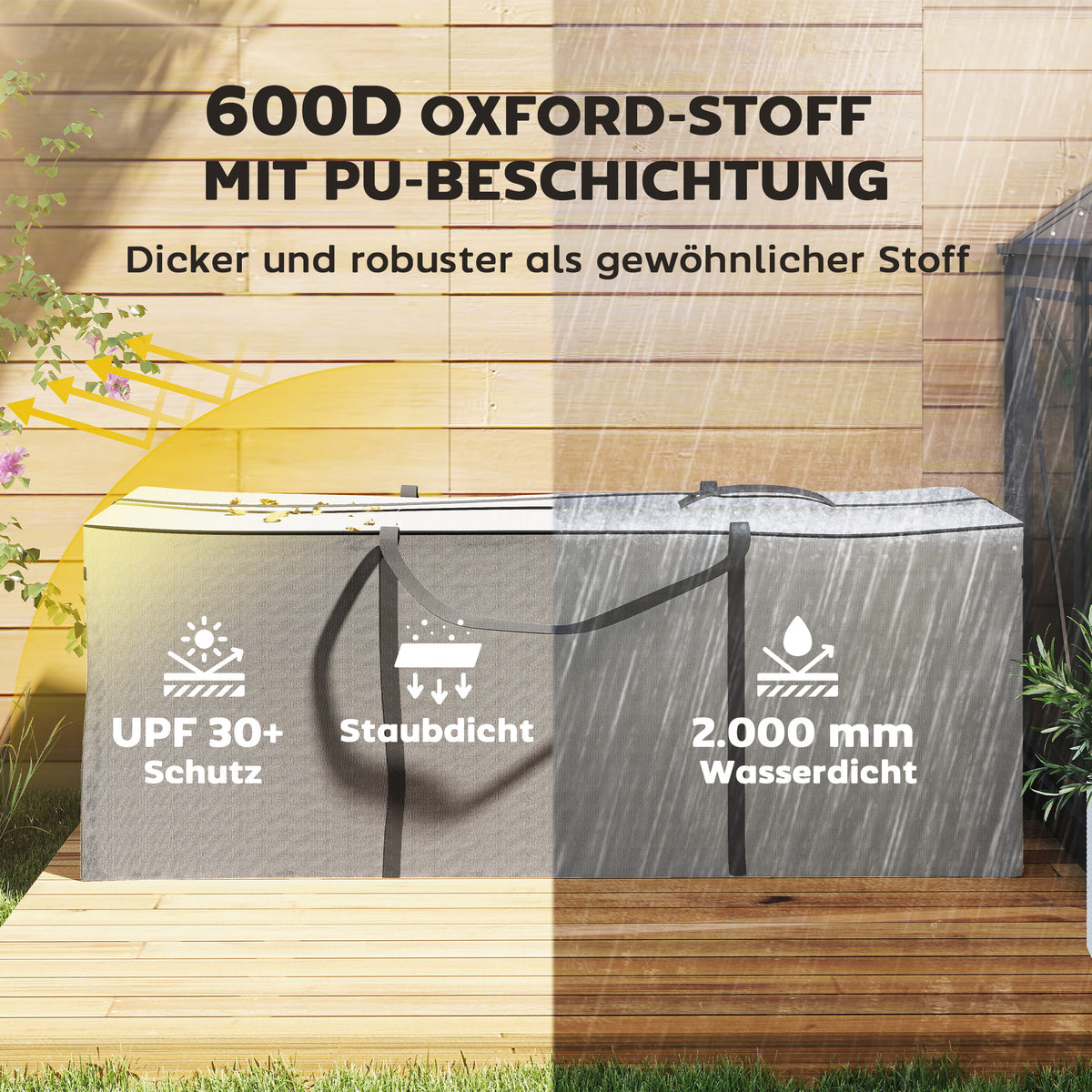 Garden upholstery storage bag, cushion bag, protective cover with carrying handle, zip, waterproof, UV-resistant 600D Oxford, for upholstered cushions, Christmas trees, 200 x 60 x 75 cm, light grey