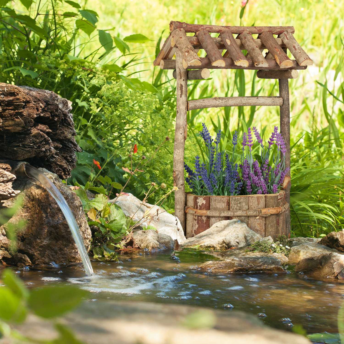 Garden with wooden fountain