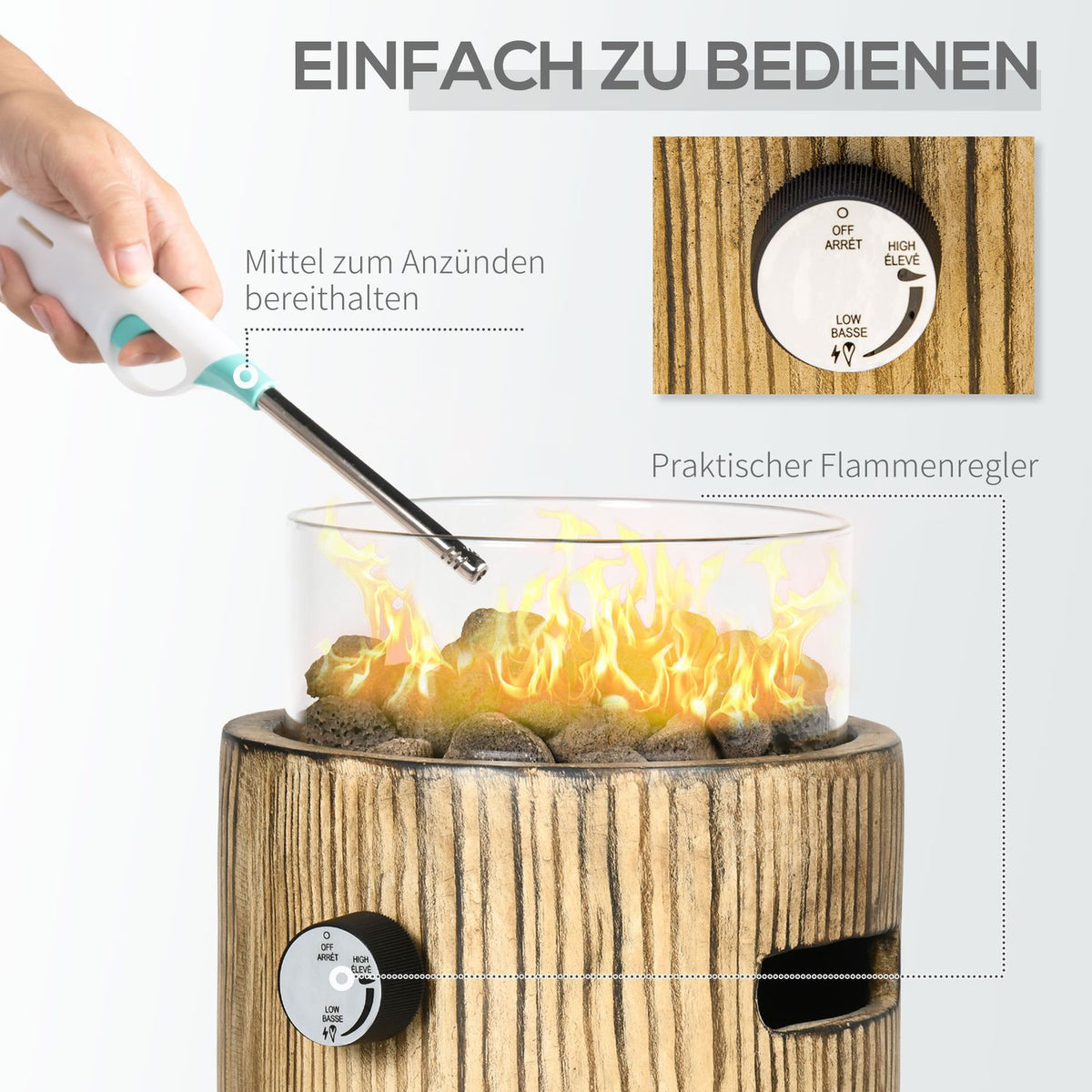 Gas Fire Bowl, 10,000 Btu Table Fire Bowl, Portable Fire Pit, Wood-Look Heater With Round Gas Fire Bowl, Ø 21.5 X 34.5 Cm