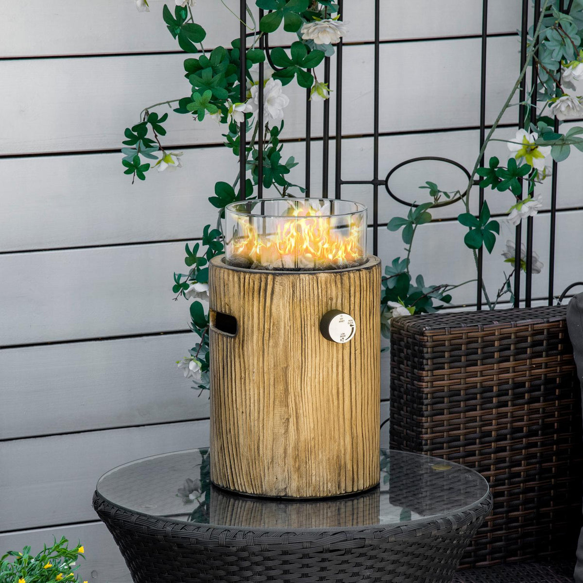 Gas Fire Bowl, 10,000 Btu Table Fire Bowl, Portable Fire Pit, Wood-Look Heater With Round Gas Fire Bowl, Ø 21.5 X 34.5 Cm