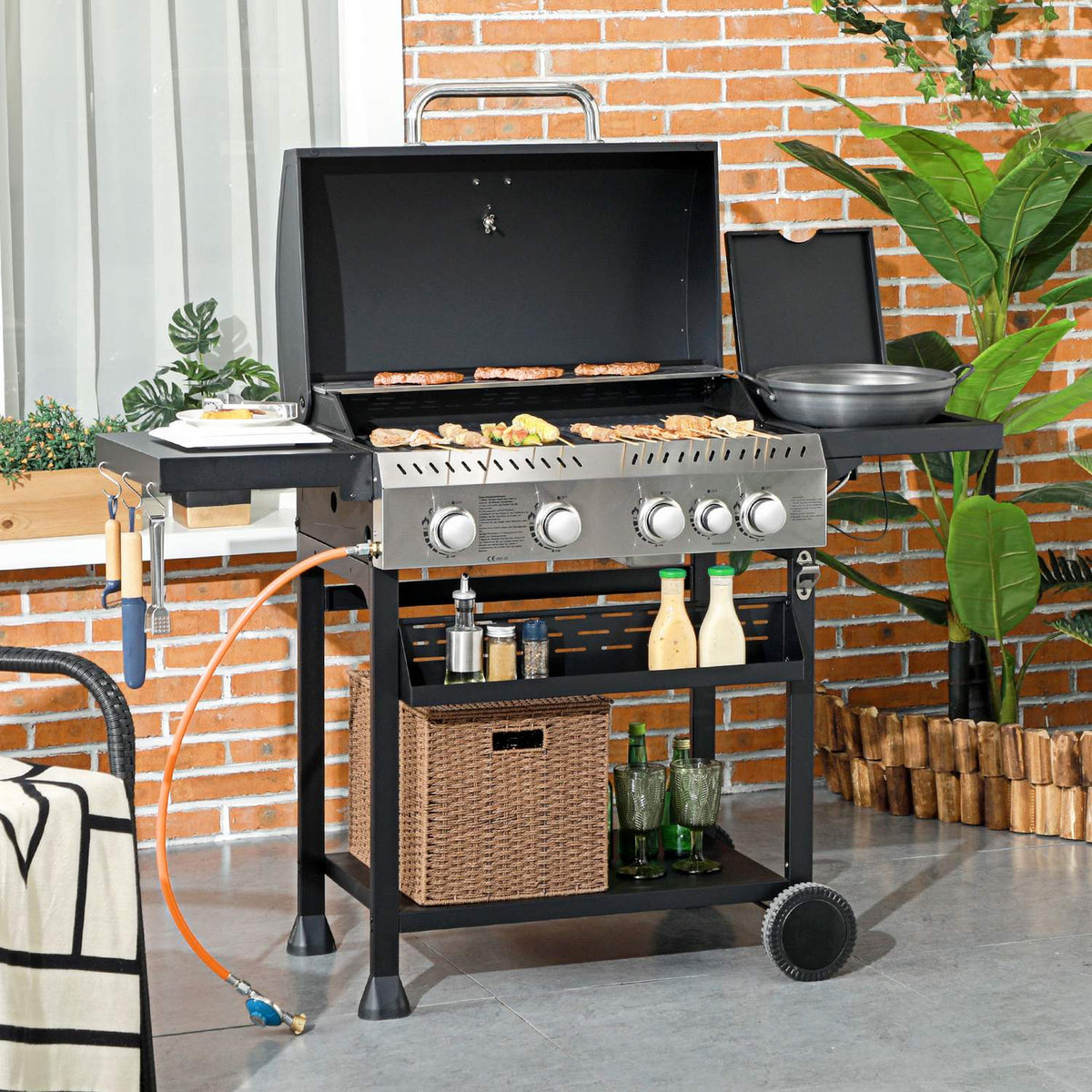 Gas Grill 2.5 Kw Grill Cart With 4+1 Burners, Thermometer, Bbq Grill With Wheels, Side Shelf, Hook, Shelf, Camping Grill Black