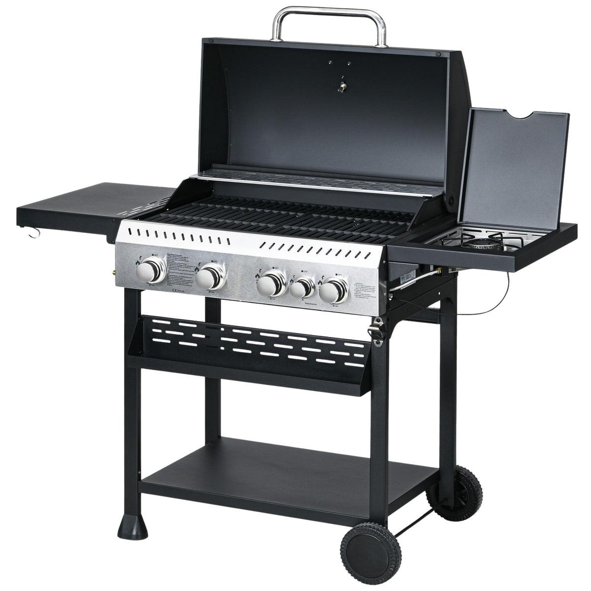 Gas Grill 2.5 Kw Grill Cart With 4+1 Burners, Thermometer, Bbq Grill With Wheels, Side Shelf, Hook, Shelf, Camping Grill Black