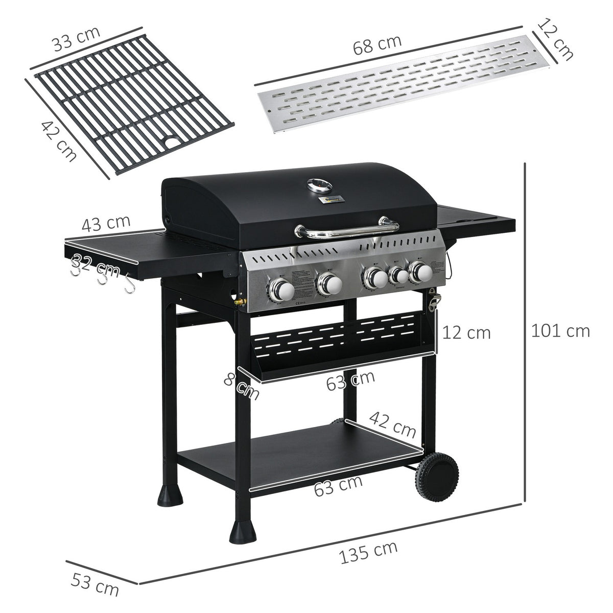 Gas Grill 2.5 Kw Grill Cart With 4+1 Burners, Thermometer, Bbq Grill With Wheels, Side Shelf, Hook, Shelf, Camping Grill Black
