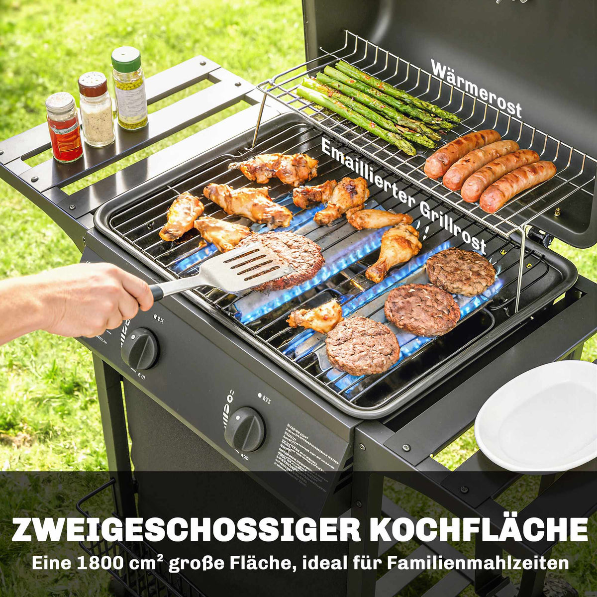 Gas Grill 5kW, 2 Burners, Stainless Steel, Side Tables