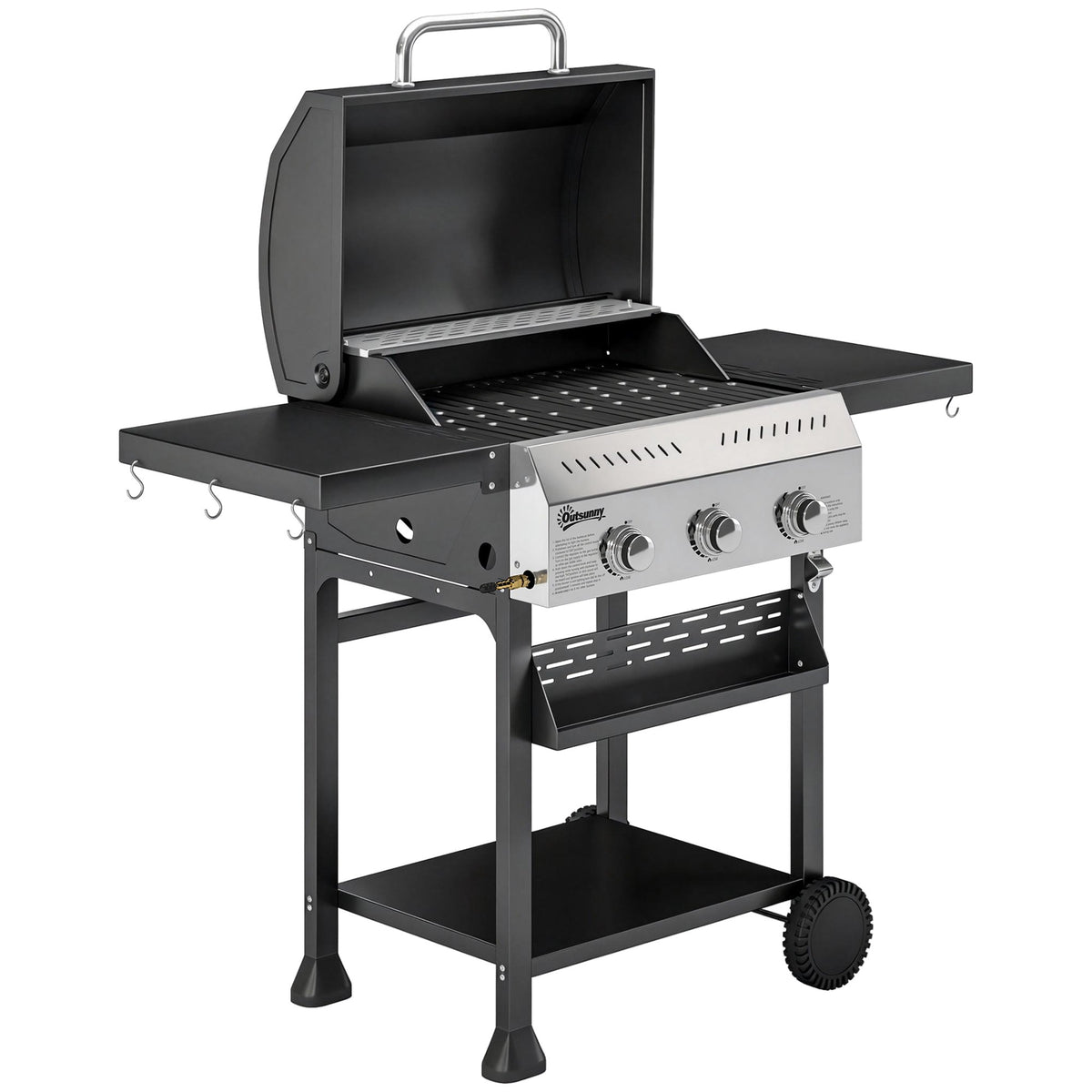 Gas Grill 9kW, 3 Burners, Stainless Steel, Foldable Shelves