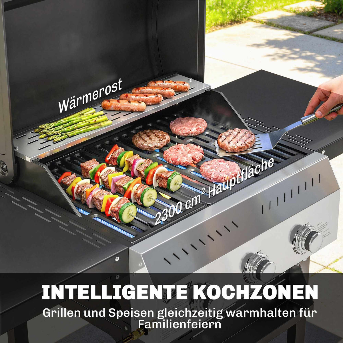 Gas Grill 9kW, 3 Burners, Stainless Steel, Foldable Shelves