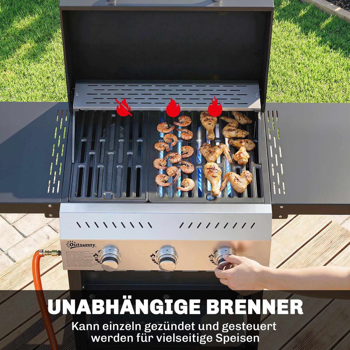 Gas Grill 9kW, 3 Burners, Stainless Steel, Foldable Shelves