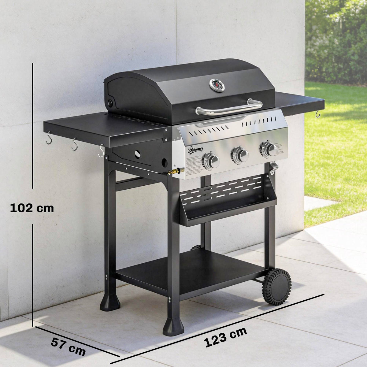 Gas Grill 9kW, 3 Burners, Stainless Steel, Foldable Shelves