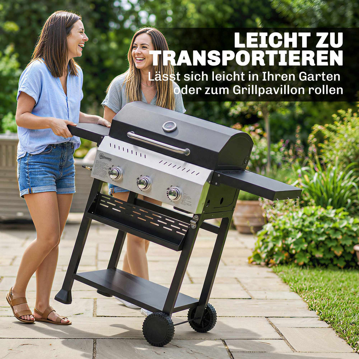 Gas Grill 9kW, 3 Burners, Stainless Steel, Foldable Shelves