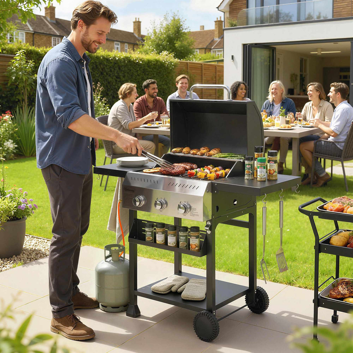 Gas Grill 9kW, 3 Burners, Stainless Steel, Foldable Shelves