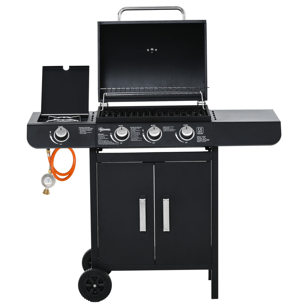 Gas Grill Bbq Grill Cart With 3 Burners 1 Side Burner Pressure Reducer Hoses Cabinet Multifunction Steel Black 110 X 50 X 100 Cm