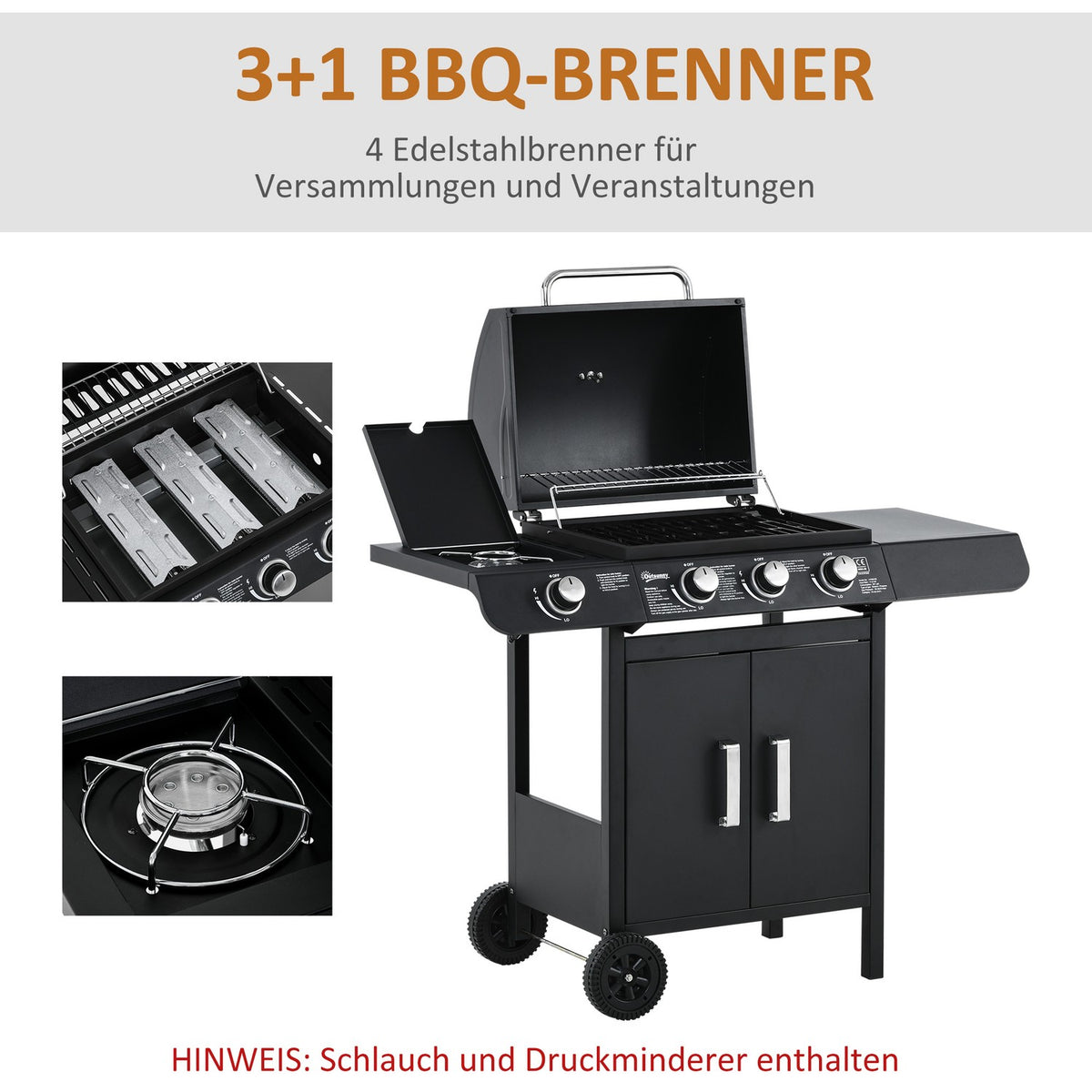Gas Grill Bbq Grill Cart With 3 Burners 1 Side Burner Pressure Reducer Hoses Cabinet Multifunction Steel Black 110 X 50 X 100 Cm