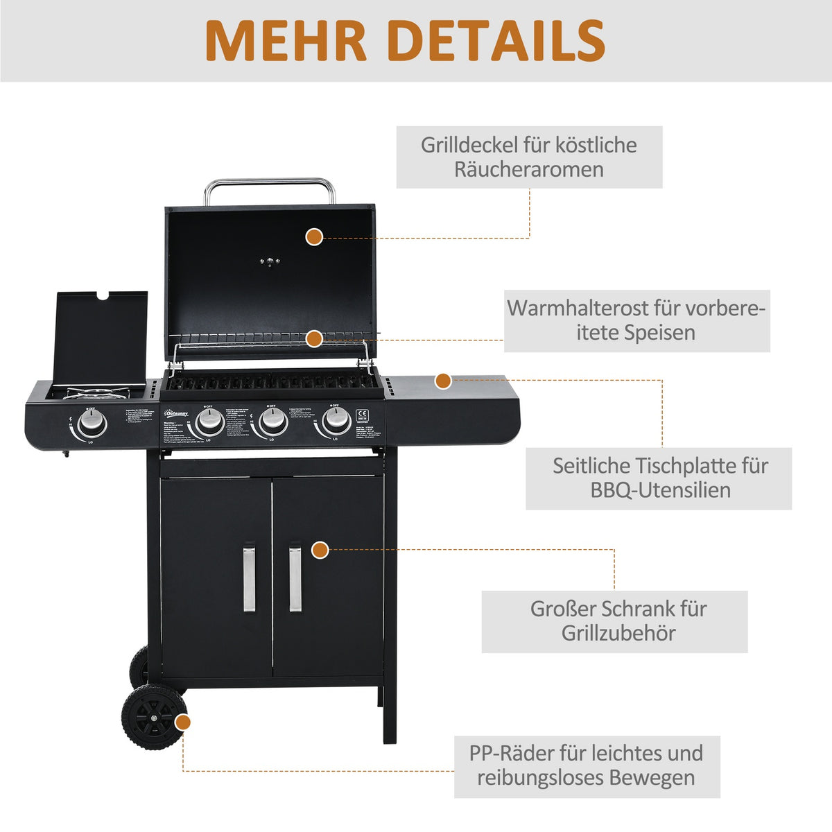 Gas Grill Bbq Grill Cart With 3 Burners 1 Side Burner Pressure Reducer Hoses Cabinet Multifunction Steel Black 110 X 50 X 100 Cm