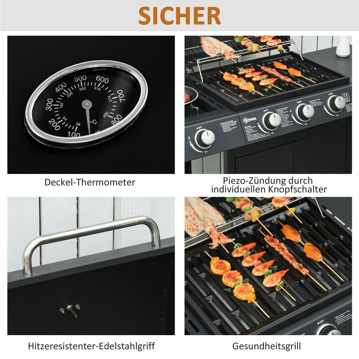Gas Grill Bbq Grill Cart With 3 Burners 1 Side Burner Pressure Reducer Hoses Cabinet Multifunction Steel Black 110 X 50 X 100 Cm