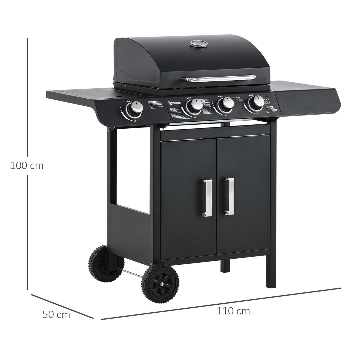 Gas Grill Bbq Grill Cart With 3 Burners 1 Side Burner Pressure Reducer Hoses Cabinet Multifunction Steel Black 110 X 50 X 100 Cm