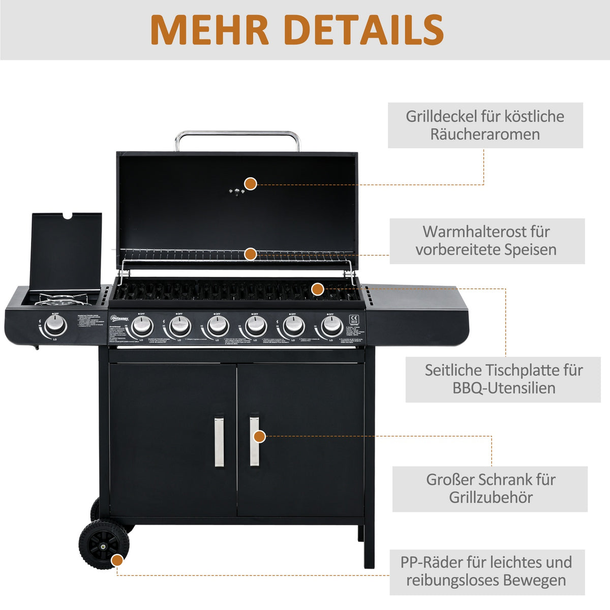 Gas Grill Bbq Grill Cart With 6 Burners 1 Side Burner Cabinet Multifunction Metal Black 135 X 50 X 100 Cm