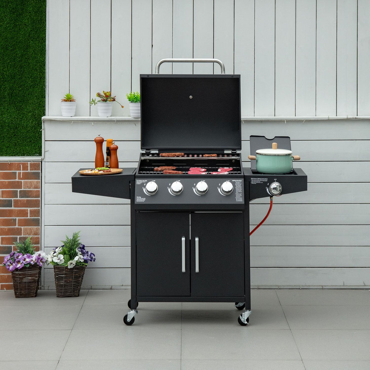 Gas Grill Bbq With 3 Burners 3 Kw Each Mobile Grill Cart With 4 Wheels Grill Net Side Tables Pressure Reducer Hoses 132.4Cm X 55Cm X 109Cm
